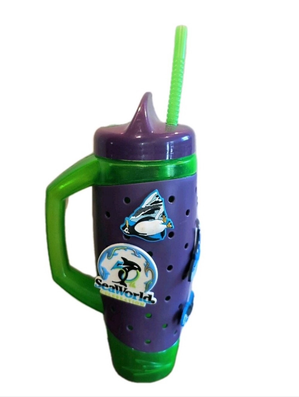 2014 SeaWorld Parks Souvenir Cup Purple Green Charm Mug Whirley Drinkworks